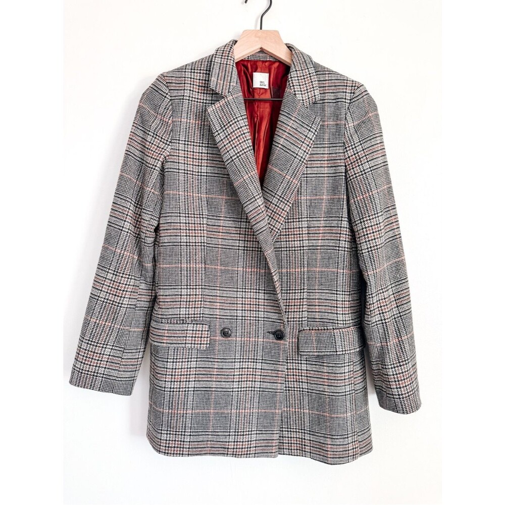 Iris & Ink Gray Plaid Wool Blend Double-Breasted Blazer Size 10